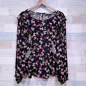 ELOQUII Elements Ruffle Detailed Blouse Black Floral Long Sleeve Woven Womens 16